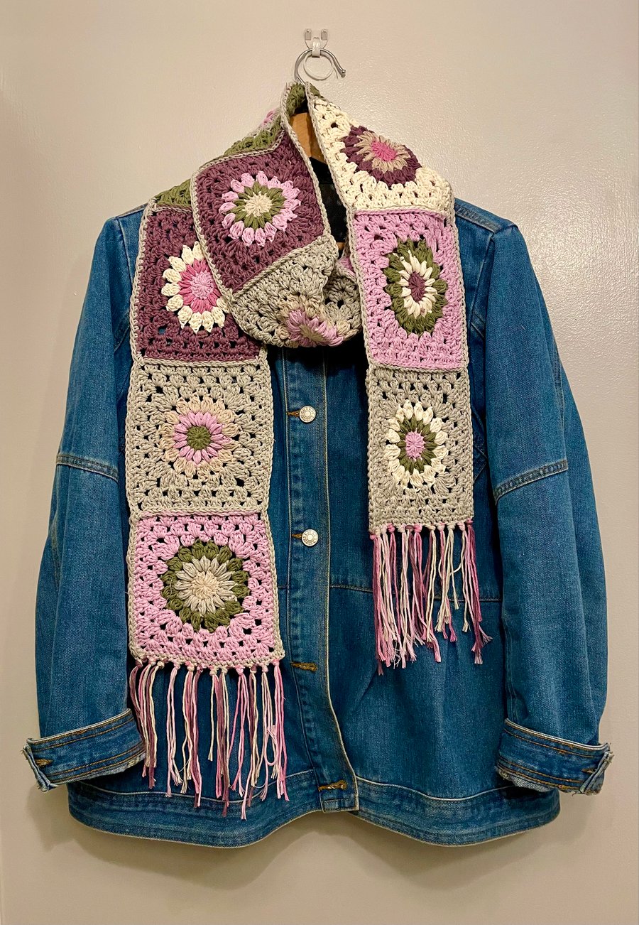 Granny Square Scarf, Boho Scarf, Fashion Scarf, Purple Scarf, Boho Accessory 