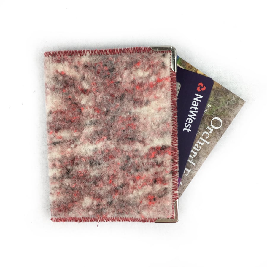 RFID card holder in red wool and silk tweed effect felt