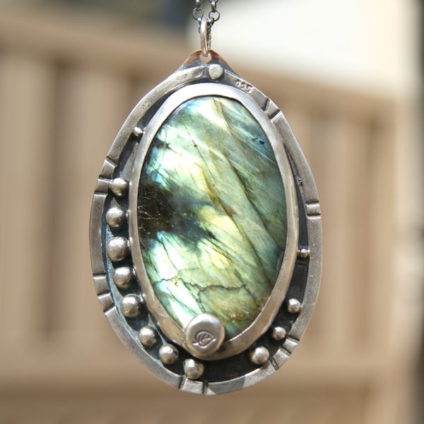 Large Labradorite Rustic Necklace, Sterling Silver and Copper Leaf Pendant