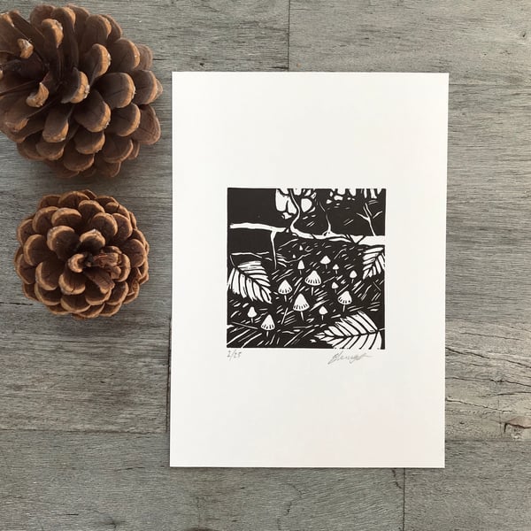 Mini Mushrooms: original lino cut by Suffolk artist Beth Knight.