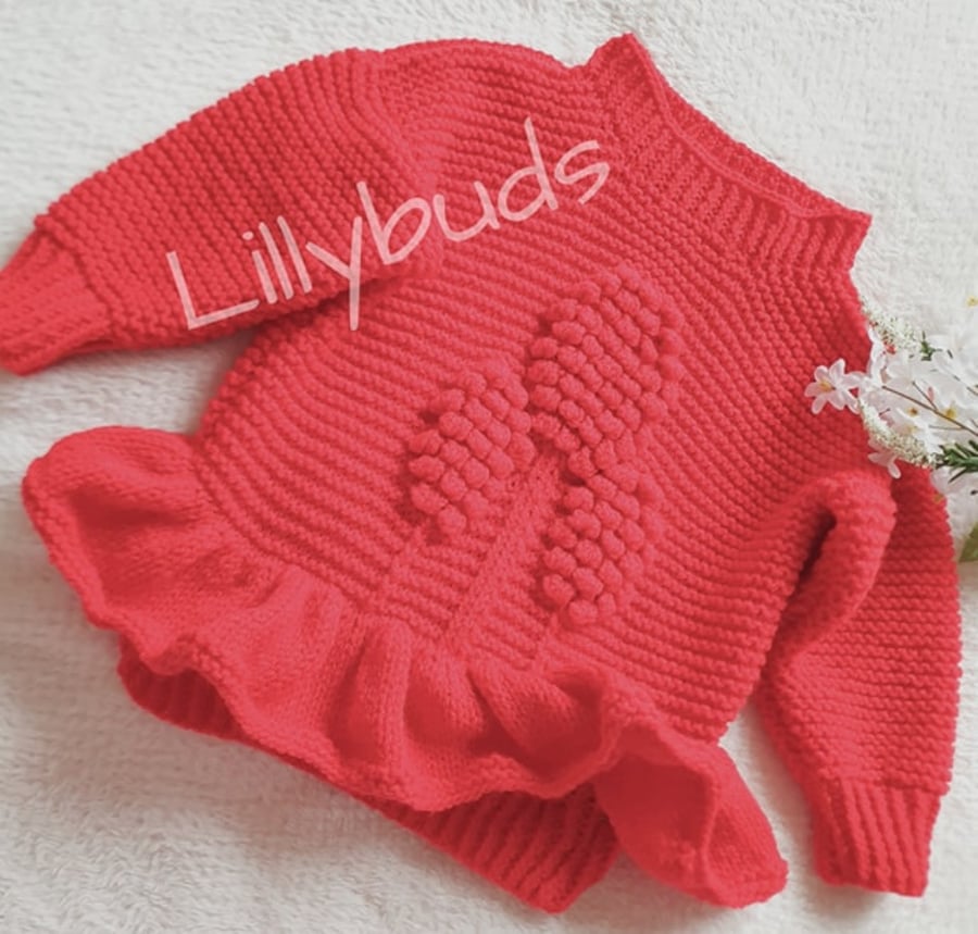 Bobble sweater, jumper, baby, toddler children. Hand knitted baby clothes peplum