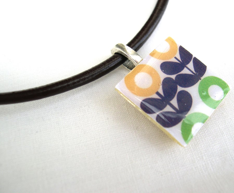 Leather and sterling silver Ceramic Tile Necklace Retro Resin Pendant