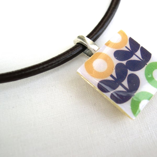 Leather and sterling silver Ceramic Tile Necklace Retro Resin Pendant