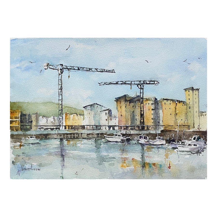 Building Cranes Breaking The Skyline, original watercolour painting