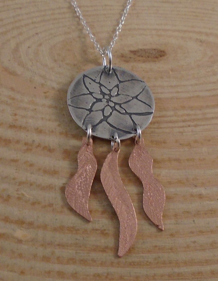 Sterling Silver and Copper Etched Dream Catcher Necklace