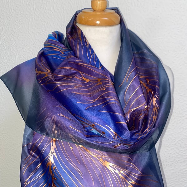 Peacock Feather Design X Long Silk Scarf in Navy Blue Purple : Hand painted silk