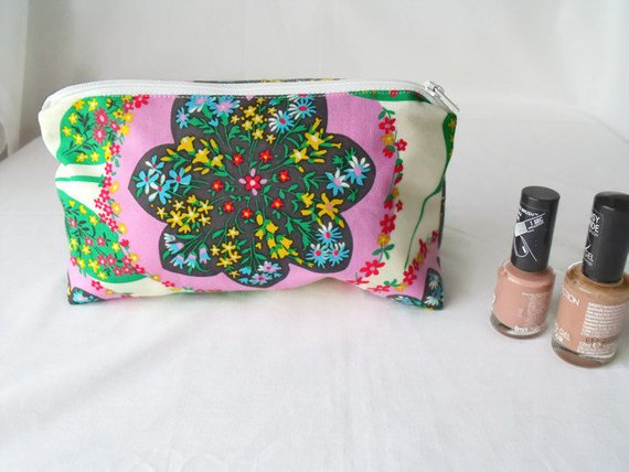 floral zipped make up pouch, pencil case or crochet hook holder