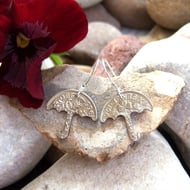 Umbrella earrings cut from sixpence coins with sterling silver ear wires