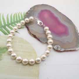 White Round Pearl beaded Silver Bracelet.