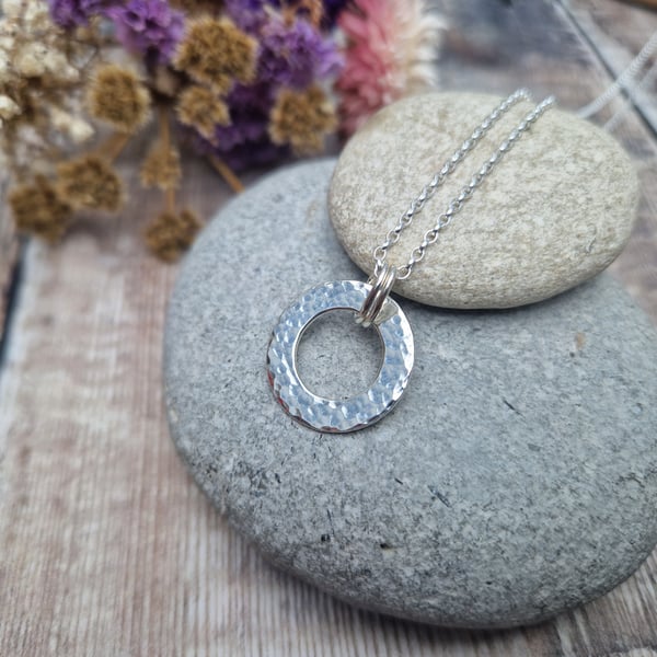 Sterling Silver Hammered Circle Pendant Necklace