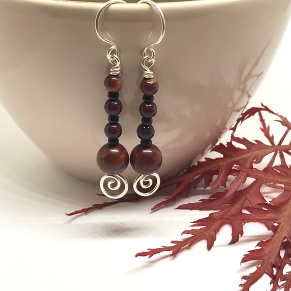 Red Jasper Earrings, Sterling Silver, Red Brown