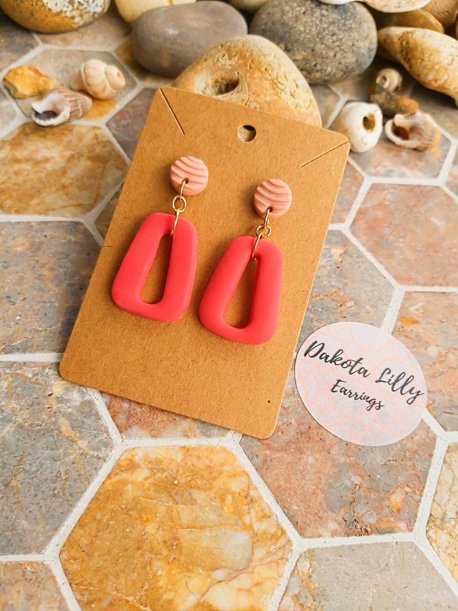 Nude patterned stud with red drop polymer clay earrings