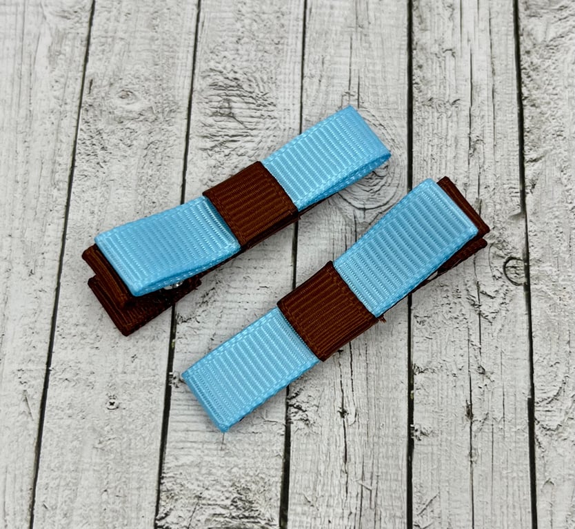Small Straight Brown and Light Blue Bow Clips (pair)