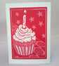 Lino printed Cupcake blank greetings card Pink or Orange - Image 4