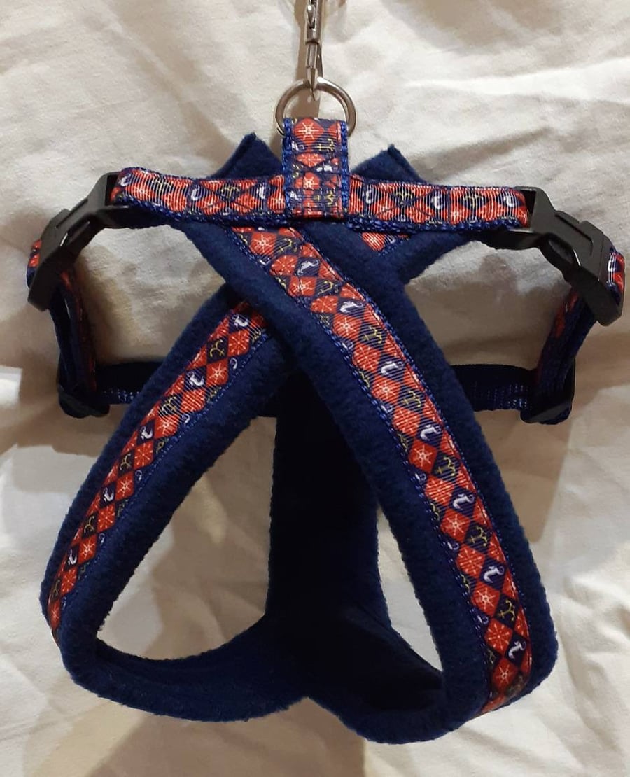 Handcrafted stylish nautical dog harness, adjustable straps soft fleece lining