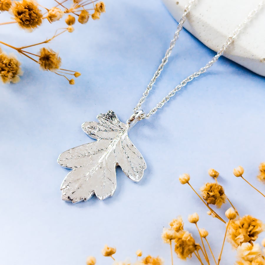 Hawthorn Leaf Pendant - Recycled Silver Real Leaf Necklace