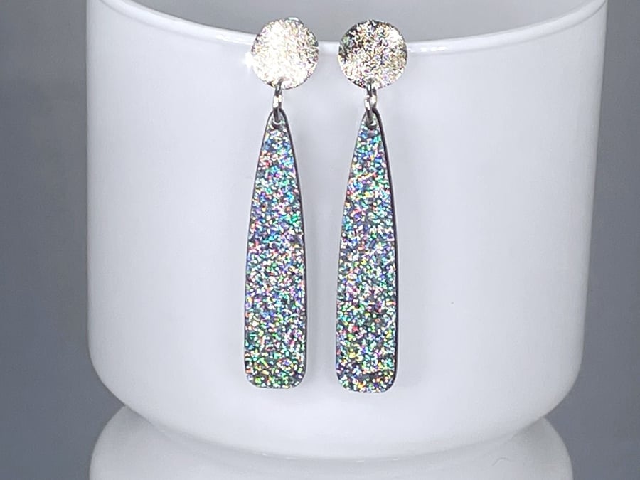 HOLOGRAPH RESIN EARRINGS silver plated DISCO teardrop shape silver plate post