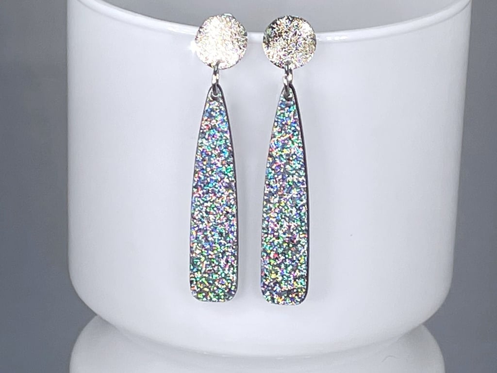 HOLOGRAPH RESIN EARRINGS silver plated DISCO teardrop shape silver plate post