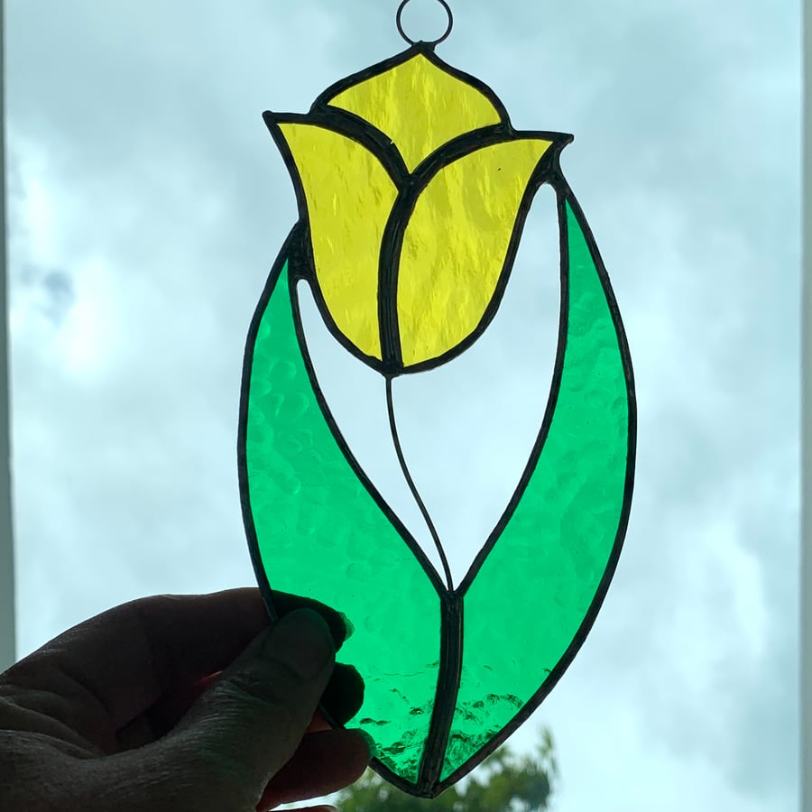 Stained Glass Tulip Suncatcher Handmade Hanging Decoration - Yellow