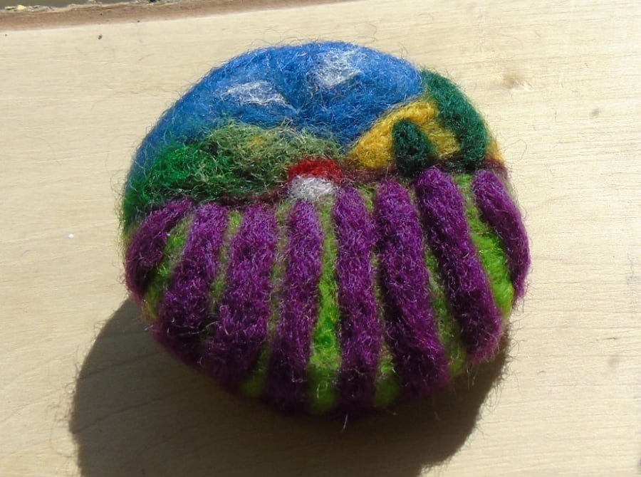 brooch or badge, lavender fields, needle felt, wool art