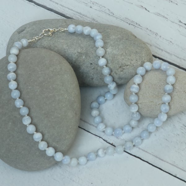Blue Lace Agate Necklace with Sterling Silver