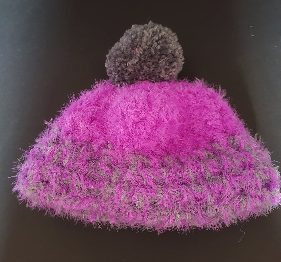 Purple Grey Chunky Crochet Bobble Hat