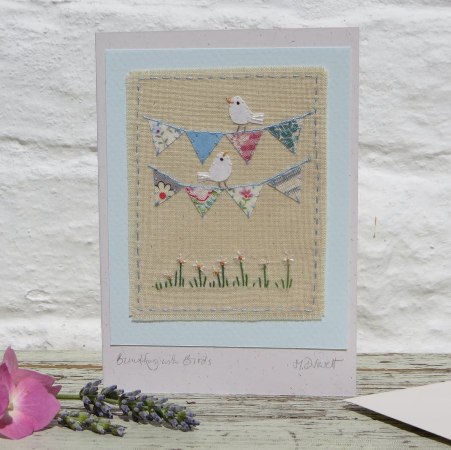 Hand-stitched 'Bunting with Birds' blank greeting card