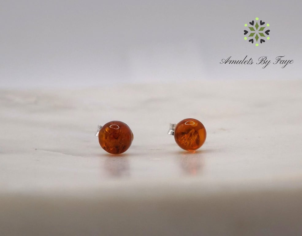 Amber Round Cabochon 5mm Gemstone Sterling Silver Stud Earrings.