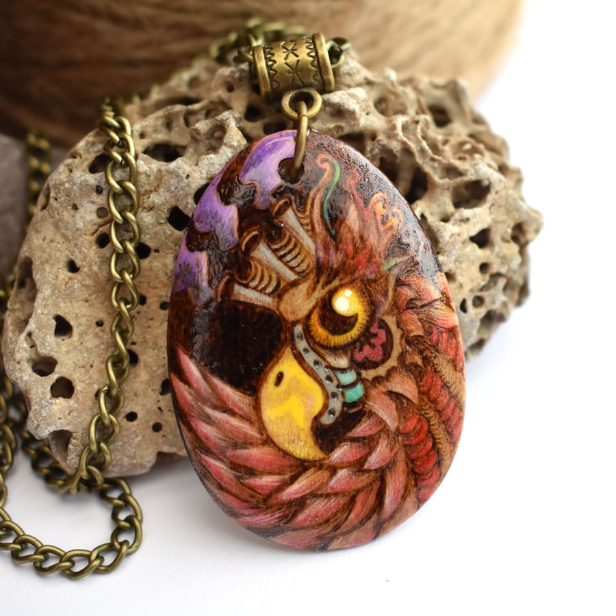 Dark rainbow eagle, wooden pyrography steampunk pendant