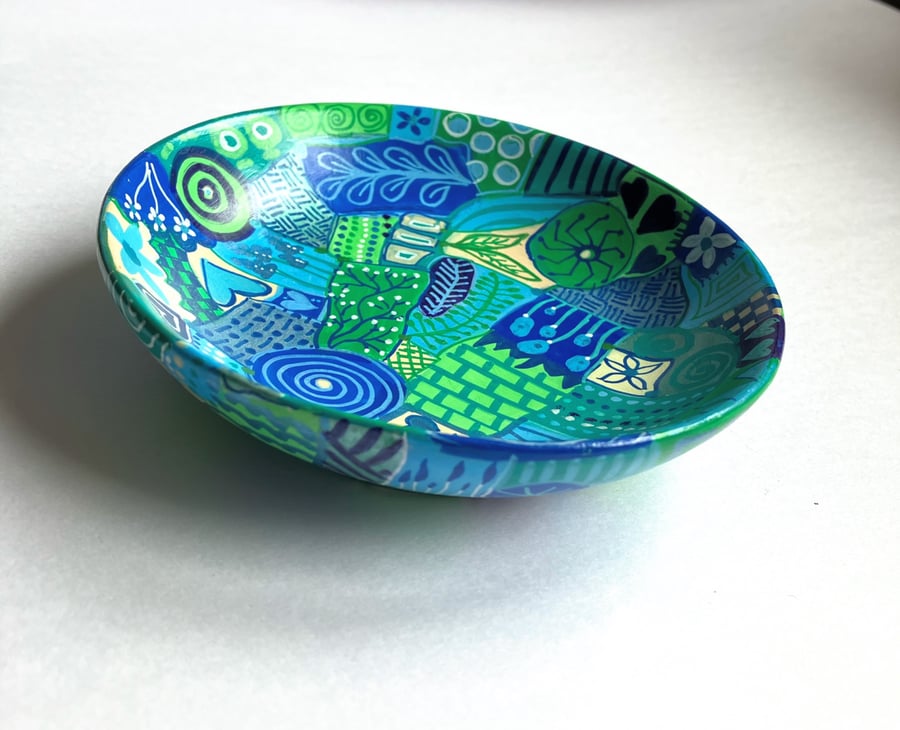 Hand painted and Up cycled wooden bowl