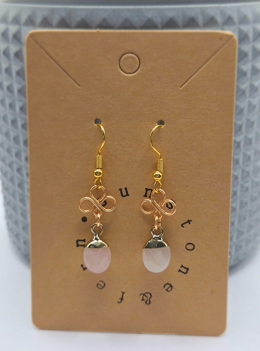 Handmade Dainty Pale Gold Rose Quartz Gemstone Dangle Earrings, Jewellery Gift