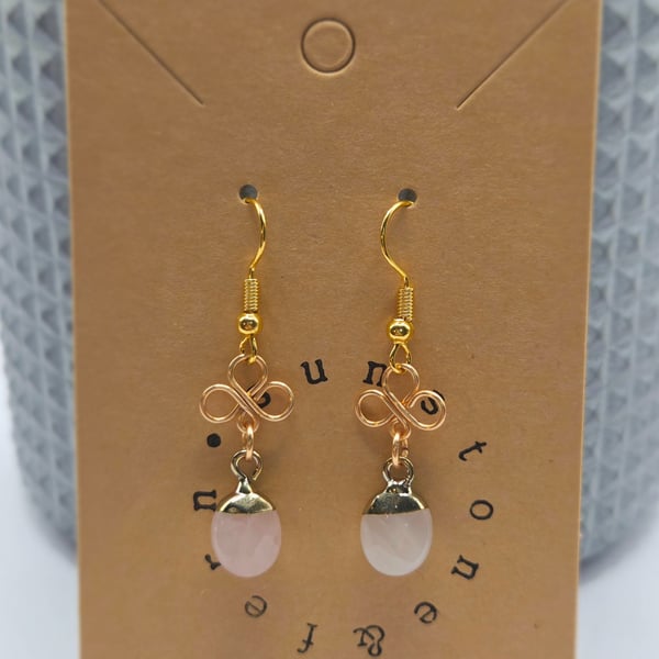 Handmade Dainty Pale Gold Rose Quartz Gemstone Dangle Earrings, Jewellery Gift