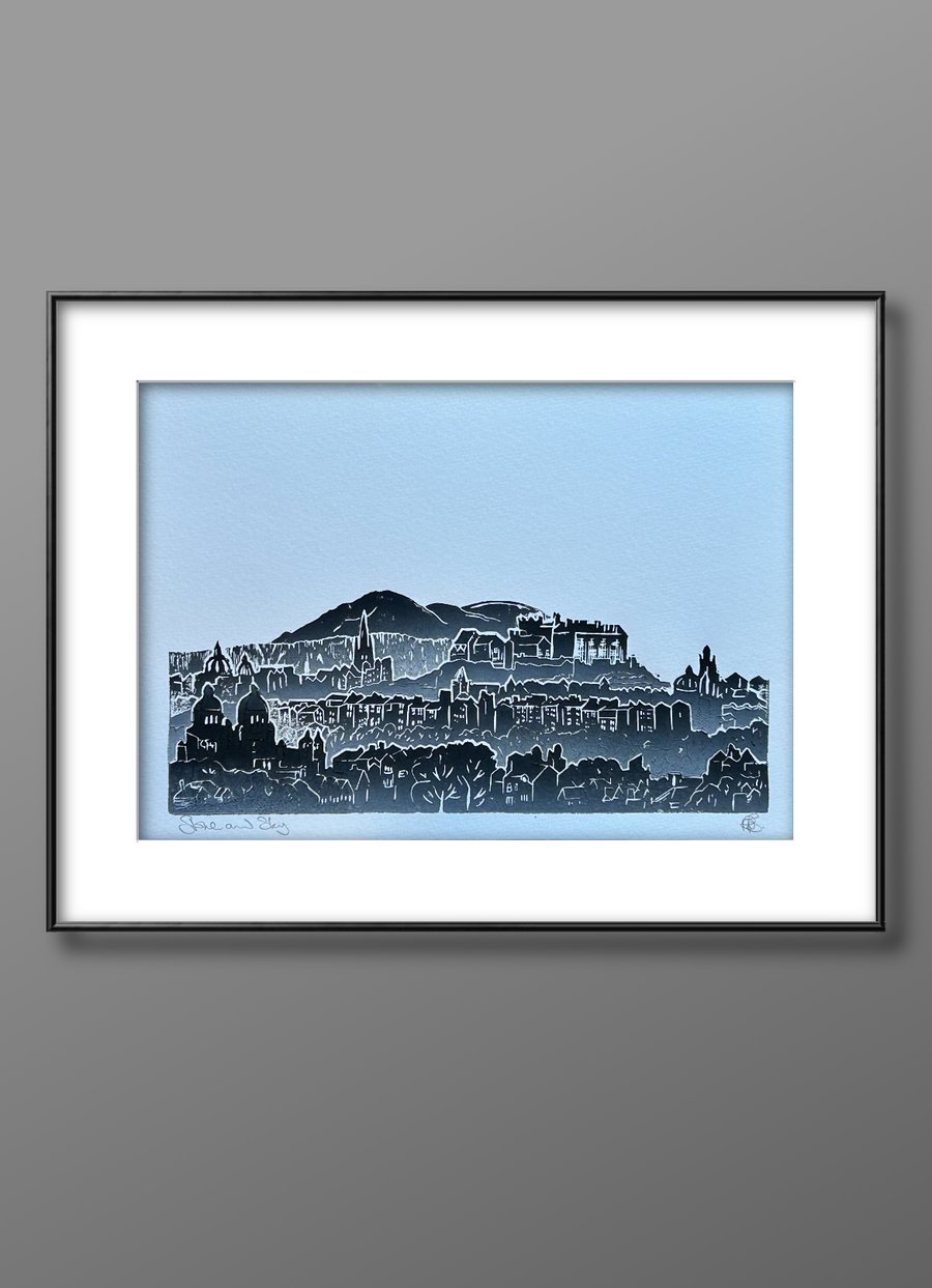 Edinburgh Skyline linoprint. Hand printed original. Black ink on A4 white card.