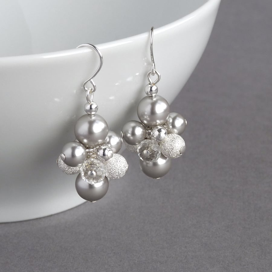 Silver Stardust Earrings - Pale Grey Cluster Drop Earrings - Bridesmaids Gifts