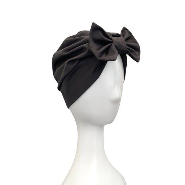 Small Black Bow Turban Hat, Handmade Ladies Head Covering Hair Loss