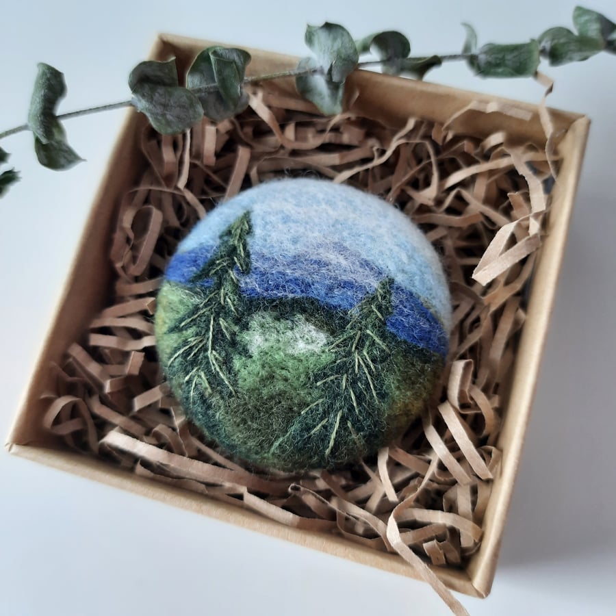 Merino Wool Needle Felted Landscape Brooch-Winter