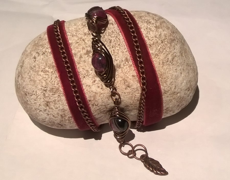 Wrap bracelet-necklace with wire wrapped purple quartz black agate