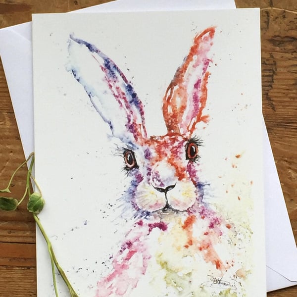 Hare We Go Card, A5 blank greeting card with a hare watercolour