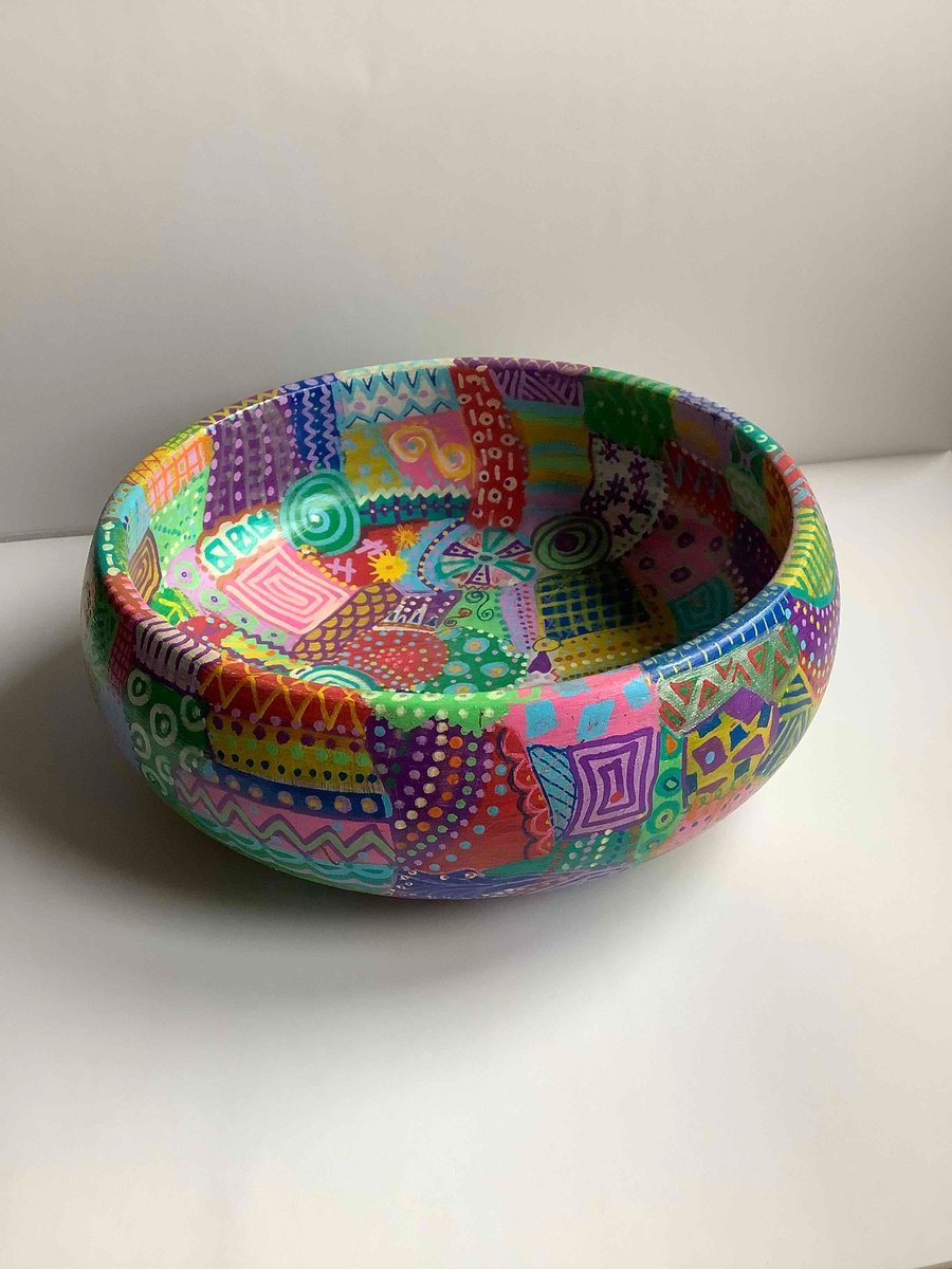 Abstract hand painted wooden bowl