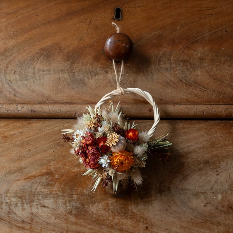Mini dried flower Autumn inspired wreath hanging decoration