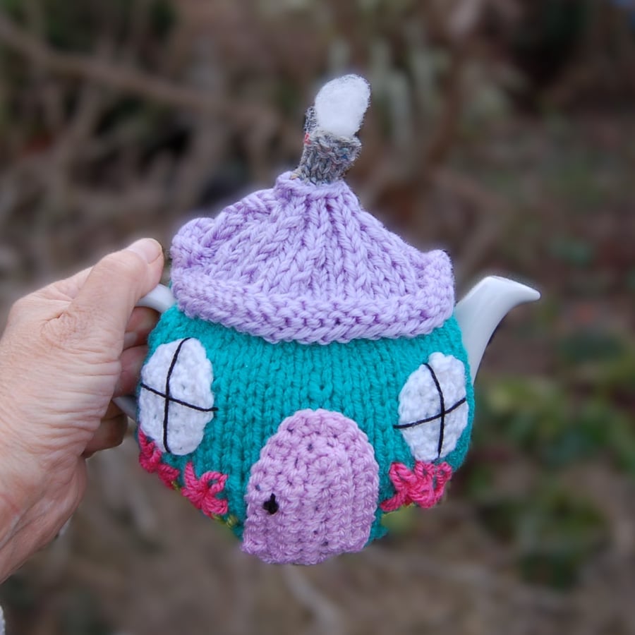 Knitted tea cosy - Fairy cottage design  to fit a one two cup teapot