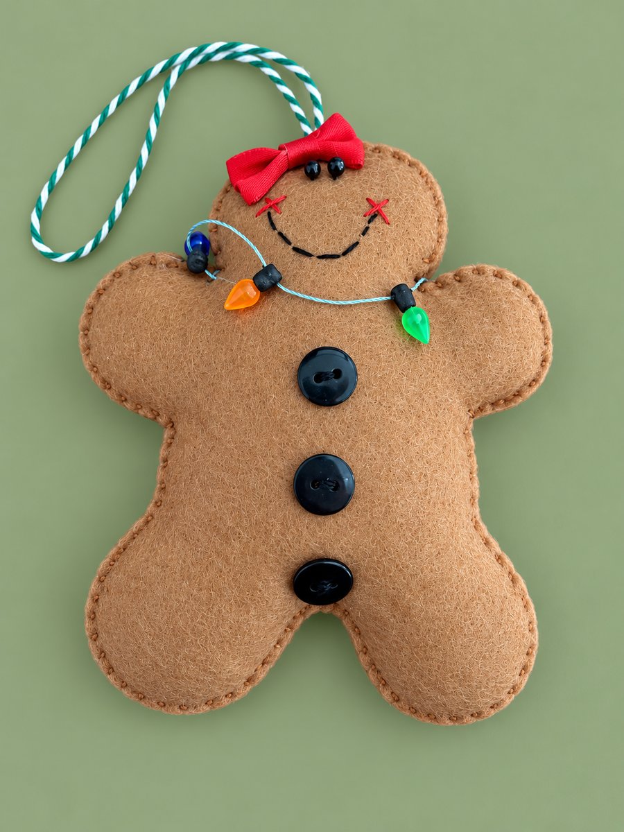 Handmade Felt Gingerbread Girl Christmas Decoration – Fairy Lights Ornament