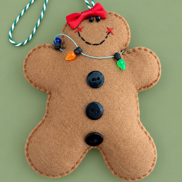 Handmade Felt Gingerbread Girl Christmas Decoration – Fairy Lights Ornament