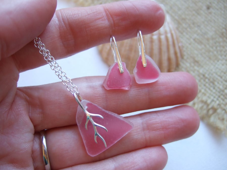 Pink sea glass, pink Scottish sea glass jewelry set, bright pink sterling silver