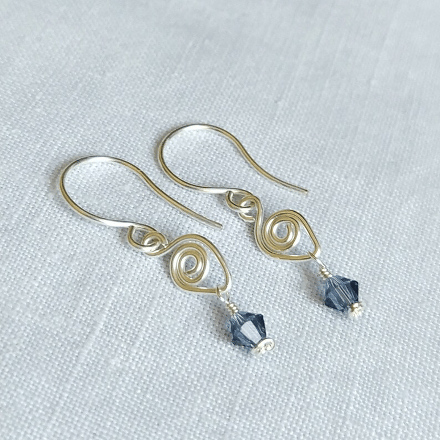 Little Spiral Silver Drop Earrings with Denim Blue Swarovski Crystal Beads