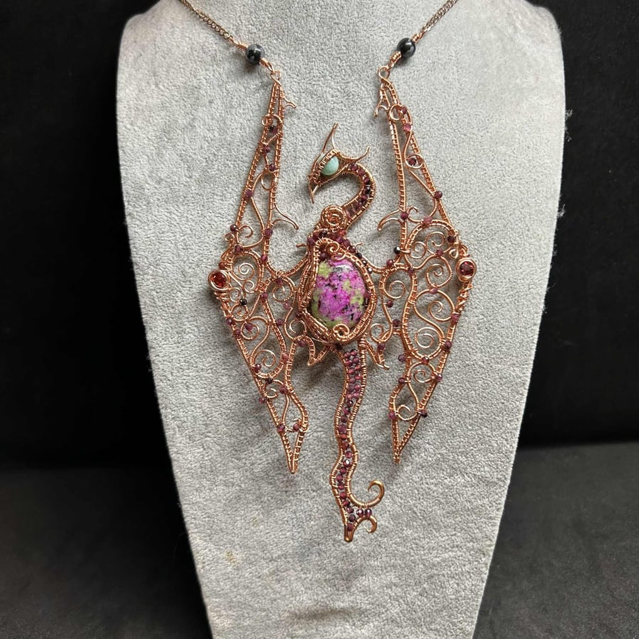 Skyrim Wire Wrapped Dragon Pendant with Ruby Zoisite and Garnet gemstones