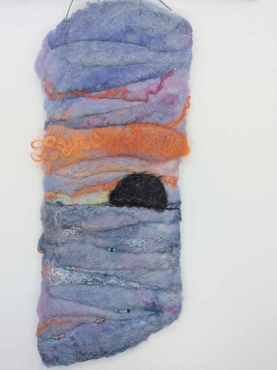 Felted wall hanging – Ailsa Craig at sunset
