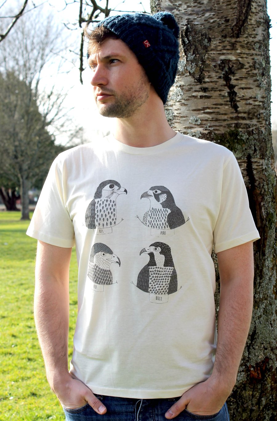 100% Organic Mens T-shirt 'Birds of Prey' hand screen printed. SALE