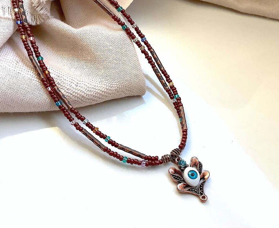 Eye pendant quirky bead necklace, copper brass effect, rustic funky boho 