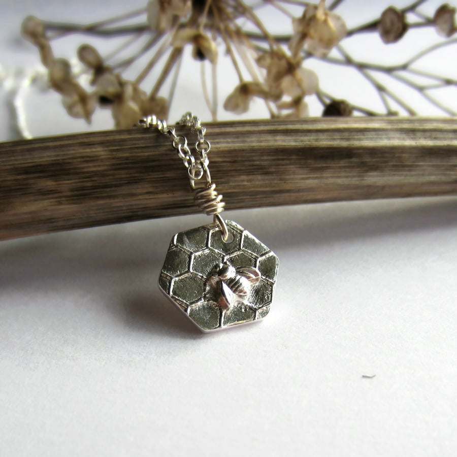 Fine Silver Bumble Bee and Honeycomb Necklace